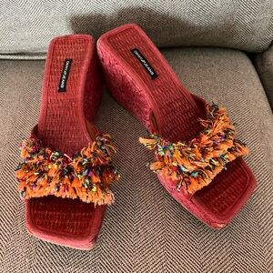 DKNY Red Wedge Slide Sandals with Multicolor Fringe
